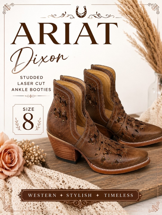 Ariat Shoes - Ariat Dixon Studded Laser Cut Western Ankle Booties Brown Leather  8 Boho